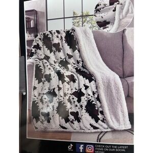 Western Linen MIA Sherpa Throw Blanket Queen White Brown Cow Print Rustic New
